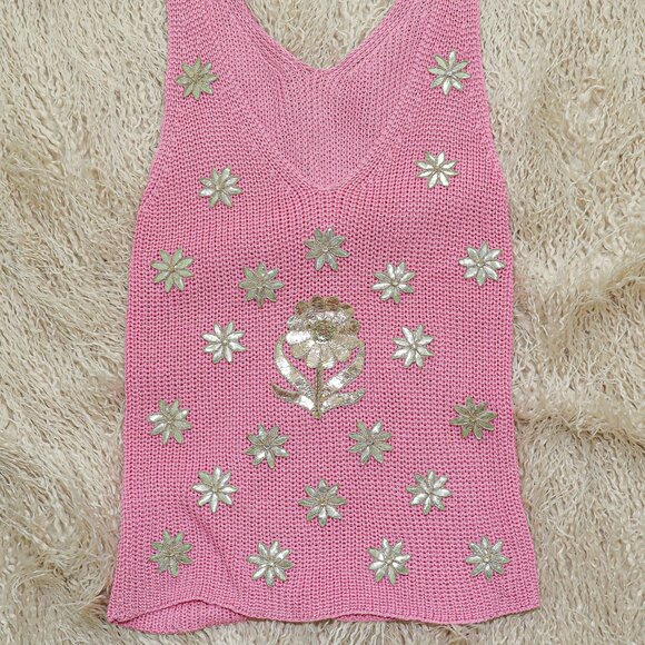 Embroidered Pink Knitted Tank Top Women’s Sleeveless Knit Boho Summer Top Small - Picture 5 of 5